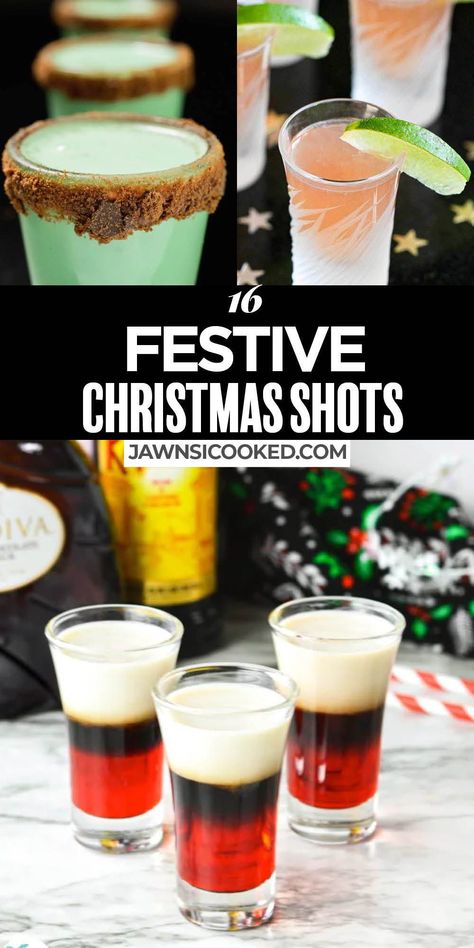 16 Festive Christmas Shots for your Holiday Party- from fun and festive shooters to tasty jello shots and pudding shots! Simple Alcoholic Drinks, Christmas Shots Alcohol, Holiday Shot Recipes, Easy Shot Recipes, Christmas Vodka, Christmas Cocktail Recipes, Shots Alcohol Recipes, Christmas Jello Shots, Xmas Drinks