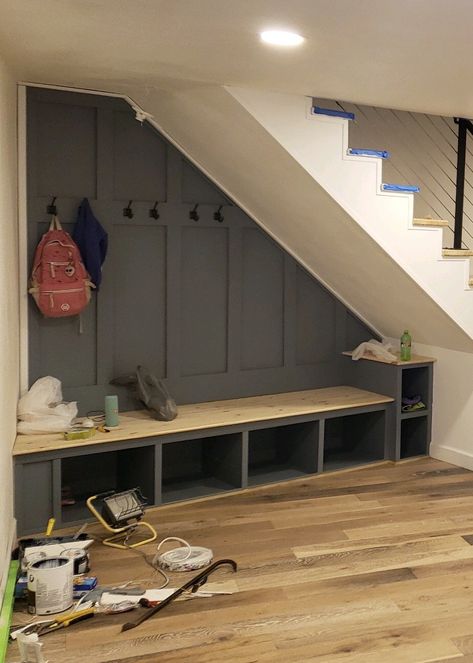 Understair Mudroom, Under Stairs Open Storage, Under Stairs Mudroom, Under Stairs Decoration, Under Stairs Decoration Ideas, Open Under Stairs Ideas, Stairs Wine Rack, Under Stairs Storage Cupboard, Shoe Storage Under Stairs