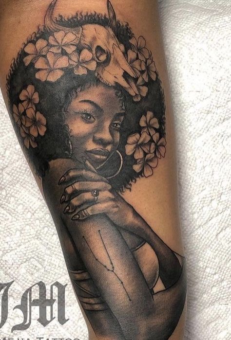 Afro Centric Tattoo Black Women, Black Woman Tattoo Afro, Tattoo Of Black Woman, Melanin Tattoo For Women, Black Culture Tattoos For Women, Afrocentric Tattoos For Women, Black Woman Tattoo, Sleeve Tattoos Floral, Black Women Tattoos