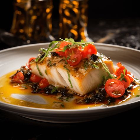 Black Cod Acqua Pazza with Tomato Confit, Kalamata & Capers Recipe Yacht Food, Italian Fish Recipes, Tomato Confit, Fennel Slaw, Weekend Brunch Recipes, Capers Recipe, Napa Home, Garlic Recipe, Slaw Recipe