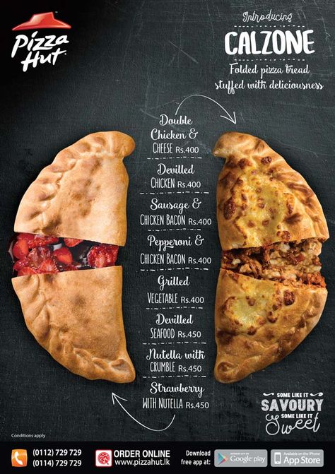 Introducing CALZONE from Pizza Hut! Pizza Menu Ideas, Pizza Menu Design Ideas, Pizza Design Ideas, Pizza Menu Design, Pineapple On Pizza, Pizza Calzone, Creative Pizza, Pizza Photo, Pizza Branding