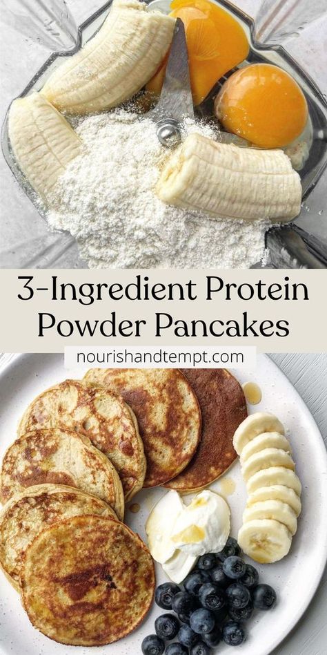 A quick and easy high protien pancake recipe featuring 3-ingredients - eggs, banana and protein powder. A finished stack serves up 30g+ protein! Fast Protein Breakfast Ideas, Banana Pancakes With Protein Powder, Healthy Low Cal Dinner Ideas, Ww Protein Pancakes, Protein Powder Easy Recipes, Breakfast After Gym, Protein Packed Pancakes, Egg Free Protein Pancakes, Iso Protein Powder Recipes