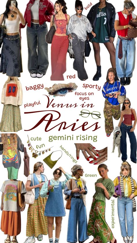 Venus in Aries Gemini Rising Outfit Style Moodboard Aries Outfits, Venus In Aries, Venus Clothing, Venus In Gemini, Aries Aesthetic, Aries And Gemini, Gemini Rising, Style Moodboard, Outfit Style