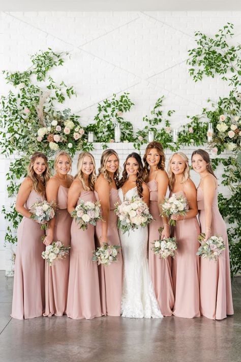 Blush bridesmaid dresses with white and green florals Bridesmaid Dresses Blush, Summer Bridesmaids, Blush Pink Bridesmaids, Blush Bridesmaids, Pink Wedding Theme, Bridesmaid Colors, Blush Bridesmaid Dresses, Pink Bridesmaid Dresses, Blush Pink Weddings