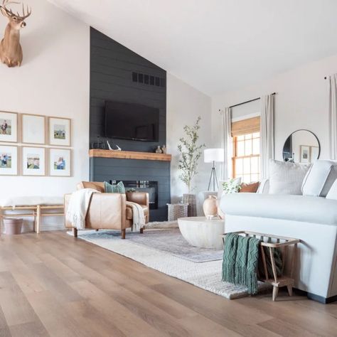 75 Vaulted Ceiling Living Room with a Shiplap Fireplace Ideas You'll Love - December, 2023 | Houzz Layered Rugs Living Room, Faux Fireplace Diy, Luxury Vinyl Plank Flooring, Neutral Living Room, Transitional Living Rooms, Home Fireplace, Living Room With Fireplace, Living Room Inspo, New Living Room