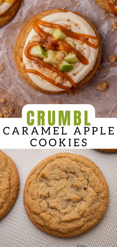 Fall Baking Challenge, Caramel Cream Cheese Frosting, Crumbl Copycat, Apple Cookies Recipes, Crumble Cookie Recipe, Caramel Apple Cookies, Baking Challenge, Apple Cookie, Crumble Cookie