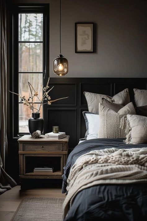 29 Dark and Moody Bedroom Ideas for a Relaxing Ambiance 75 29 Dark and Moody Bedroom Ideas for a Relaxing Ambiance Dark Style Bedroom, Bedroom With Dark Bedding, Farmhouse Moody Bedroom, Moody Cosy Bedroom, Guest Bedroom Moody, Luxury Master Bedrooms Decor Cozy, Best Moody Bedroom Paint Colors, Dark Walls In Bedroom, Moody Chic Bedroom