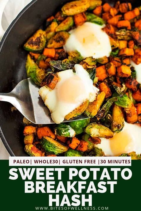 Sweet Potatoes And Brussel Sprouts, Potatoes And Brussel Sprouts, Sweet Potato Breakfast Recipes, Sweet Potato Breakfast Hash, Sprouting Sweet Potatoes, Boiling Sweet Potatoes, Running Food, Potato Breakfast, Sweet Potato Kale