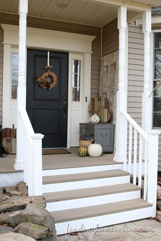 Dark Gray Front Porch Steps, Painting Front Porch Wood, Two Tone Porch Colors, Tan House Front Porch, Small Front Porch With Railing, Painted Front Steps Wood, Front Door With Side Light, Painted Front Porch Wood, Painted Porch Steps