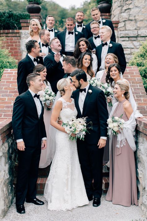 Wedding Party Stairs Photo, Bridal Party Stairs Photos, Black Tie Wedding Bridal Party, Rustic Black Tie Wedding, Black Tie Bridal Party, Classic Bridal Party, Brides Updo, Mismatched Dresses, Daytime Wedding