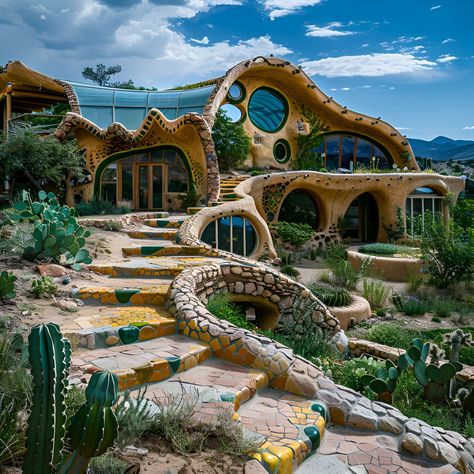 Discover the artistic beauty of this contemporary Earthship home set in a vibrant desert landscape. The house features an organic, flowing design with intricate stone and tile work, large rounded windows, and tiered terraces that blend indoor and outdoor spaces. This eco-friendly residence exemplifies sustainable living, harmonizing modern design with the natural surroundings. Explore the fusion of art and sustainability in this unique Earthship retreat. Earthship Design Architecture, Earth Ships Homes, Sustainable Community Design, Earthship Mansion, Earth Ship House, Earthship Home Cold Climate, Organic Modern Architecture, Eco Mansion, Earth Ship Homes