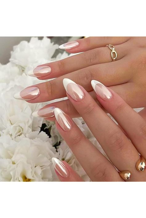 YOSOMK French Tip Press on Nails Almond Medium Fake Nails with Chrome Designs Glossy Nude False Nails Mirror Glue on Acrylic Nails for Women Ongles Rose Pastel, Light Colored Nails, Colored Nail Tips, Nail Salon Design, Transparent Nails, Get Nails, Stick On Nails, Elegant Nails, Bridal Nails