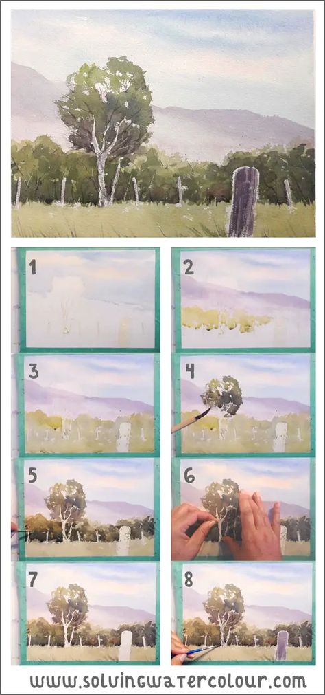 Landscape Step By Step Painting, Watercolor Painting Steps, Watercolour Landscape Step By Step, Watercolour Landscape Simple, Simple Art Landscape, Watercolor Landscape Step By Step, Landscape Painting Tutorial Step By Step, How To Paint Watercolor Landscapes, Watercolor Simple Landscape