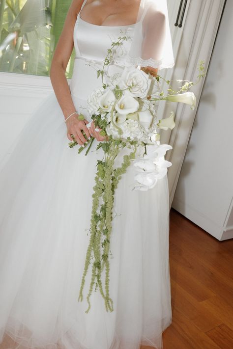 Loved creating this special cascading bouquet with orchids, roses, calla lilies, hydreageas and hanging green amaranthus for my chic bride.  photography: Brittanee Taylor Calla Lillies Bouquet Aesthetic, White Lily And Orchid Bouquet, Peony And Calla Lily Bouquet, Calla Lily Wedding Ceremony, Waterfall Orchid Bouquet, Modern Cascading Bouquet, Orchid Waterfall Bouquet, Long Bouquet Wedding, Orchid And Calla Lily Bouquet