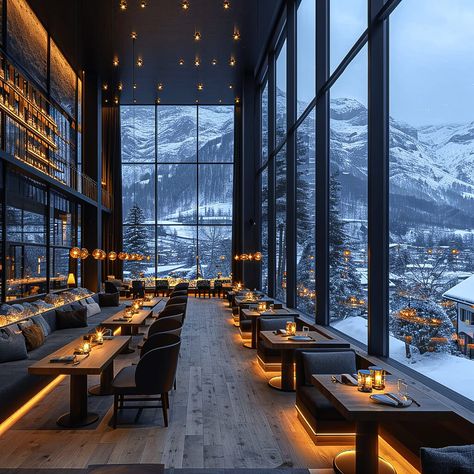 A modern hotel on a snowy winter day in|Visualization Mountain Hotels Design, Scandinavian Hotel Interior, Cabin Hotel Design, Glass Houses Architecture, Mountain Hotel Lobby, Mountain Restaurant Design, Mountain Hotel Interior, Ski Hotel Interior, Mountain Hotel Design