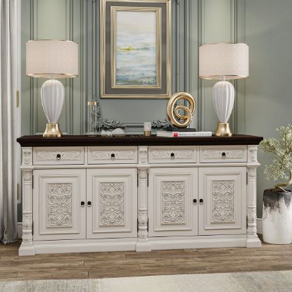 Show details for Loyalton Antique Country Solid Wood 2 Tone Hand Carved Long Sideboard Rustic Buffet Cabinet, White Dinning Room, Extra Long Sideboard, Antique Sideboard Buffet, Long Sideboard, Rustic Buffet, Honey Walnut, Magical Adventure, Antique Sideboard