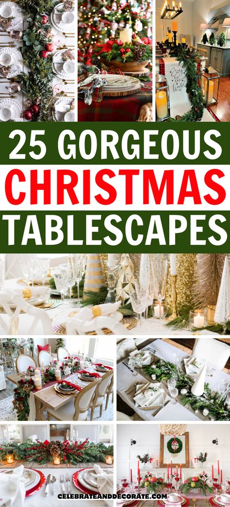 Here are over 20 gorgeous Christmas tablescape ideas for your holiday dinner table decor! Nativity Scene On Dining Room Table, Christmas Office Table Decorations, Beautiful Christmas Tablescapes, Table Scape Ideas Christmas, Christmas Outdoor Table Settings, Xmas Tablescape Ideas, 2024 Christmas Tablescapes, Table Scapes Christmas Holiday, Old Fashioned Christmas Table Decor