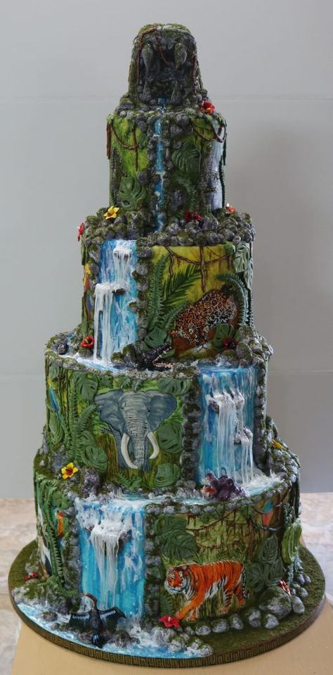 Jungle Animal Cake, Waterfall Cake, Buttercream Rose Cake, Textured Wedding Cakes, Waterfall Hike, Buttercream Fondant, Dinosaur Balloons, Buttercream Roses, Fantasy Cake