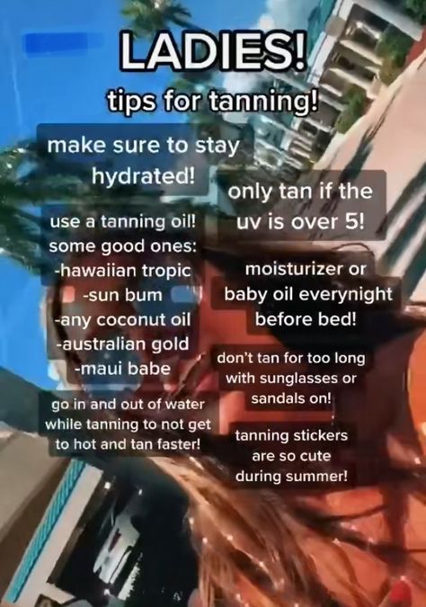 Tanning tips! Does Coconut Oil Help You Tan, Best Uv Index For Tanning, How To Get A Good Tan Natural, Tanning With Coconut Oil, Tanning Tips For Pale People, How To Make Tanning Oil, Tanning Tips In The Sun Natural, How To Tan Without Burning, How To Tan Faster In The Sun