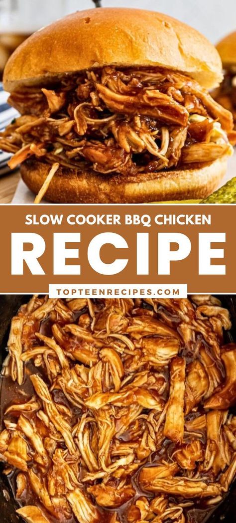 My family loves slow cooker pulled chicken sandwiches, and I love them too because they are the easiest thing to make. This pulled chicken recipe practically makes itself. All you have to do is place all ingredients in the crock pot, cook, and shred. Nothing beats this slow-cooker bbq chicken! Pulled Chicken Crock Pot Recipes, Slow Cooker Pulled Chicken, Barbecue Chicken Crock Pot, Bbq Pulled Chicken Recipes, Crockpot Favorites, Crockpot Pulled Chicken, Pulled Chicken Recipes, Bbq Chicken Recipe, Pulled Chicken Sandwiches