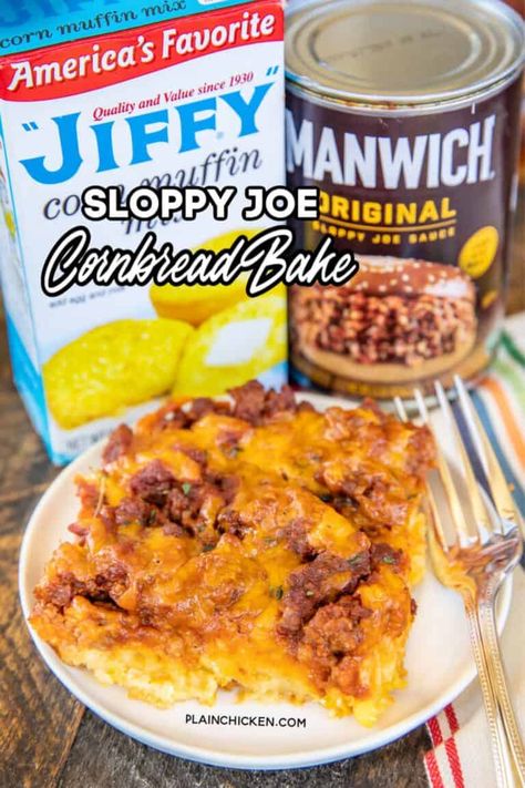 Sloppy Joe Cornbread Bake - Plain Chicken Finger Foods Appetizer Recipes Easy, Frugal Ground Beef Recipes, Cowboy Casserole With Cornbread, Ground Beef Family Dinner Recipes, Sloppy Ottos, Ground Beef Comfort Food Recipes, Ground Beef Recipes For Dinner Easy Fast, Polish Hamburgers, Best Sweet Cornbread