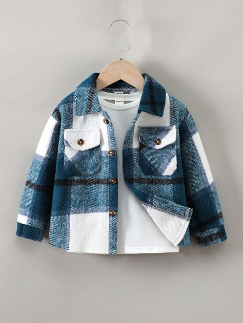 Blue and White Casual Collar Long Sleeve Fabric Plaid Other Embellished Non-Stretch  Toddler Boys Clothing Boys Coats, Boys Plaid Shirt, Autumn Outwear, Boy Outerwear, Winter Plaid, Baby Outerwear, Boys Plaid, Coat Pocket