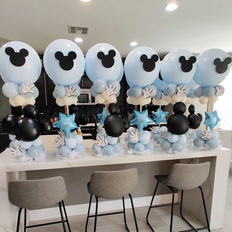 Mickey, but make it dreamy ☁️☁️☁️ Centerpieces are ready for this weekend. #mickey #mickeyballoons #mickeycentwrpiecea #mickeyparty… | Instagram Vintage Mickey Mouse Party Decorations, 2 Nd Birthday Decoration Ideas Boy, Baby Boy 1st Bday Themes, Baby Mickey Mouse Baby Shower Ideas, Disneyland 1st Birthday Boy, Disneyland Centerpieces Birthday, Mickey And Minnie Baby Shower Ideas, Mickey Mouse Baby Shower Ideas For Boys, Disneyland Party Centerpieces