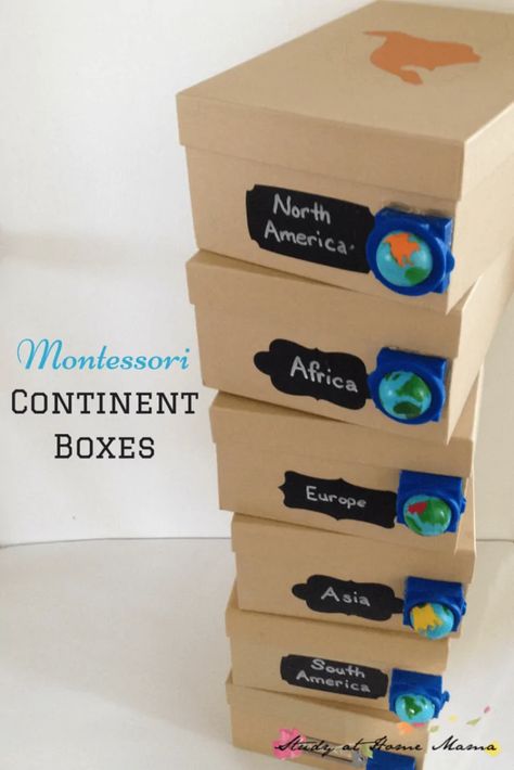 Montessori Continent Boxes ⋆ Sugar, Spice and Glitter Continent Boxes, Study At Home, Maluchy Montessori, Montessori Geography, Geography Activities, Geography For Kids, Kindergarten Social Studies, Sistem Solar, Teaching Geography