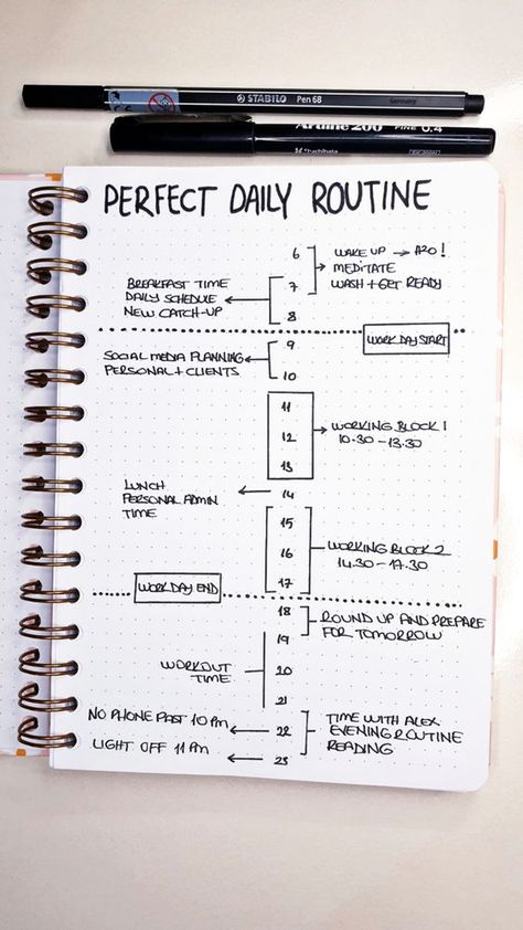 Bujo Daily Schedule, Journaling Schedule Ideas, Bujo Daily Routine, Daily Bujo Layout, Daily Routine Bullet Journal, Scedules Ideas Aesthetic, Routine Bujo, Bujo Daily Spread, Ideal Daily Routine