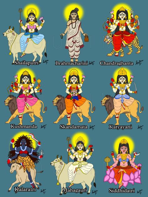 🌼 Nine Divine Forms of Adi-Shakti – Goddess Durga 🌼 Nine Forms Of Goddess Durga, Nari Shakti Poster, Theme Rangoli, Navratri Devi, Navratri Devi Images, Adi Shakti, Devi Images, Goddess Quotes, Durga Painting