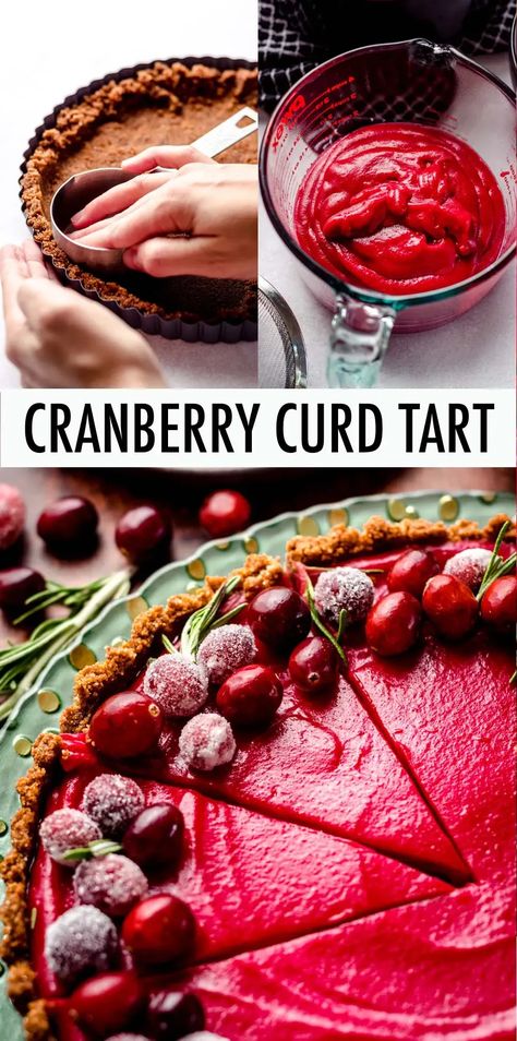 This gorgeous tart is made entirely of cranberry curd made with fresh cranberries and orange juice atop a spiced gingersnap crust. Top your cranberry curd tart with sugared cranberries, whipped cream, or your favorite seasonal topping. | recipes using cranberry curd | recipes with cranberry curd | cranberry curd tart recipe | cranberry curd tart gingersnap Cranberry Curd Tart Recipe, Cranberry Curd Tart, Cranberry Curd, Curd Tart, Cranberry Tart, Peppermint Recipes, Favorite Christmas Recipes, Gingersnap Crust, Sugared Cranberries