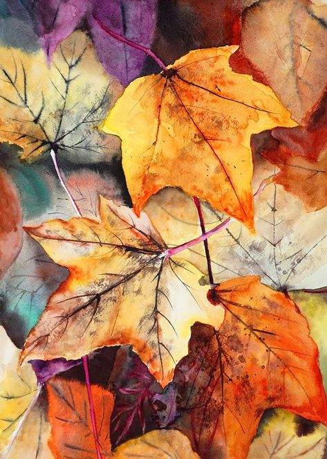 Themes To Draw, Advanced Watercolor, Four Seasons Painting, Leaves In Watercolor, Watercolor Step By Step, Paint Realistic, Watercolor Autumn Leaves, Autumn Leaf Color, Autumn Leaves Art