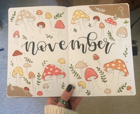 Organisation, November Drawing Ideas, November Journal Page, November Planner Ideas, Bujo November Theme, Bullet Journal November Cover, November Bujo Cover, Mushroom Bullet Journal, November Bullet Journal Cover