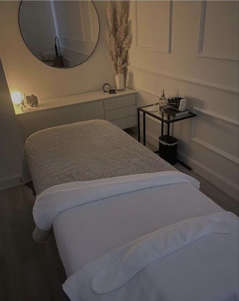 Esthetician Room Bedding, Lash Room Ideas Neutral, Black And White Facial Room, Draped Ceiling Spa, Spa Bed Setup Ideas, Aesthetician Room Set Up, At Home Spa Set Up, Accent Wall Esthetician Room, Facial Bed Ideas