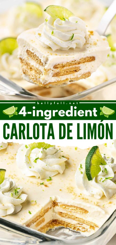 "This Carlota de Limón (aka Lime Icebox Cake) is an easy, creamy, tangy no-bake dessert made with just 4 ingredients and 10 minutes of prep time! It’s perfect for Cinco de Mayo, all summer long, and any occasion throughout the year when you need an effortless, but elegant looking dessert.

" Lime Icebox Cake, Mexican Dessert Recipes Easy, Lime Dessert Recipes, Digestive Cookies, Lime Desserts, School Recipes, Recipes Learn, Lime Cake, Making Cakes