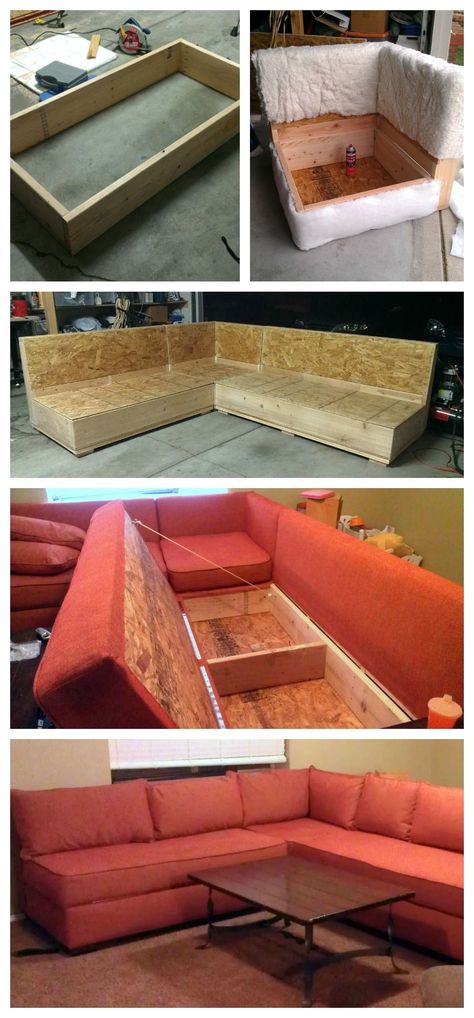 diy sofa sectional with storage!!!  Uses store bought cushions, just build base and staple fabric over it. Sectional With Storage, House Storage, Tiny House Storage, Diy Couch, Sofa Sectional, Sofa Storage, Diy Holz, Diy Sofa, Storage Hacks