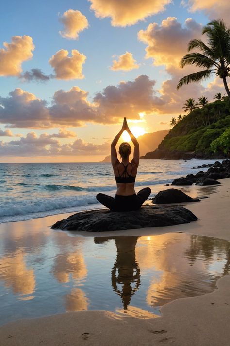 🌺 Blissful Yoga Escapes: Unwind in Hawaii&#8217;s Tranquil Retreats 🏝 Vision Board Yoga, Yoga And Nature, Aesthetic Yoga, Women Yoga, Yoga Classes, Tropical Retreat, Toned Woman Aesthetic, Yoga Vision Board, Yoga Vibes