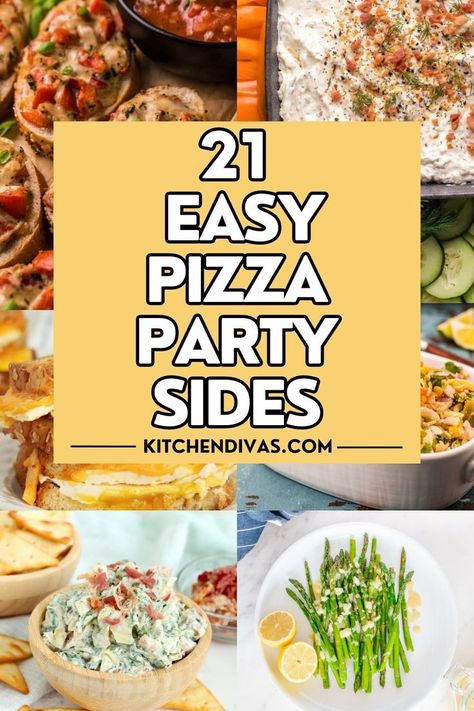 Collage of various pizza party side recipes with graphic overlay. Pizza Party Side Dishes, What To Serve With Pizza, Pizza Night Party, Birthday Party Appetizers, Pizza Party Food, Pizza Dinner Party, Pizza Side Dishes, Pizza Sides, Pizza Party Birthday