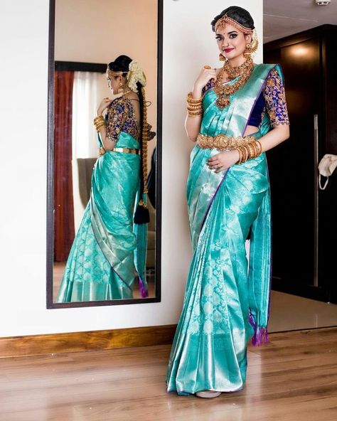 Blue Saree Engagement Look, Wedding Saree Colour Combinations, Blue Engagement Saree, Blue Colour Saree With Contrast Blouse, Sky Blue Pattu Saree Wedding, Sky Blue Saree Contrast Blouse Colour, Blue Pattu Saree Wedding, Sky Blue Saree Blouse Combination, Pattu Saree Colour Combinations