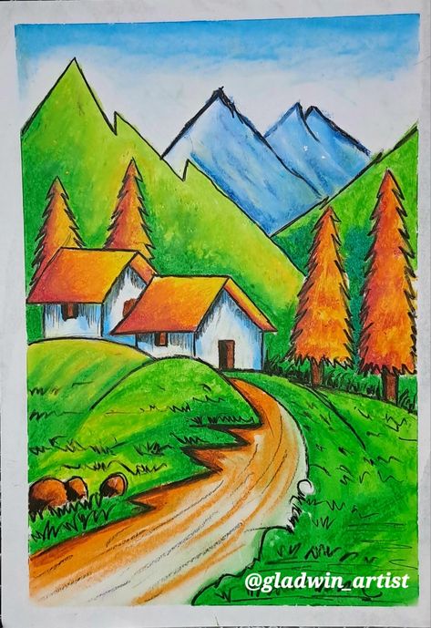 Pastel Colour Scenery Drawing, Landscape Painting With Colored Pencils, Watercolor Paintings Senary, Basic Scenery Drawing, Easy Landscape Drawing Oil Pastel, Pencil Color Drawing Landscape, Senary Drawing Kids, Color Pencil Drawing Easy Landscape, Nature Drawing For Kids Easy