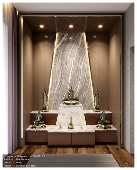 Modern Puja Room Design, Puja Room Interior Design, Modern Temple Design For Home, Modern Pooja Room Design, Buddha Room Design, Puja Room Design, Modern Mandir Design, Buddha Room, Temple Room