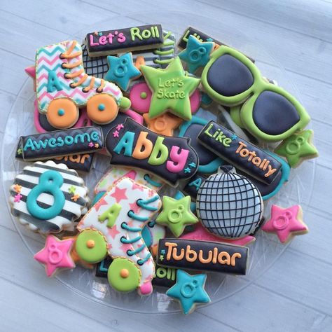 Totally 80's Skating Party Cookies                                                                                                                                                                                 More Skate Party Cookies, Neon Skating Party Ideas, 80s Theme Skate Party, Glow Roller Skating Party, Roller Skate Birthday Cookies, Skating Theme Party Ideas, Roller Skate Cookie Cake, Neon Birthday Cookies, Roller Skating Bday Party