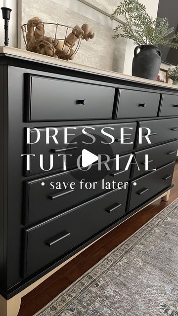 4,315 likes, 138 comments - touch.of.townsend on February 17, 2023: "Can you believe this is the same dresser? 🖤 I love a dramatic furniture makeover! DRESSER DETAILS 👇🏼 ➕Furniture Lift Table: @..." Black Dresser Flip, Two Mirrors Over Dresser, Dresser Makeover Two Tone, Basic Dresser Flip, Diy Drawers Makeover, Diy Dresser Painting Ideas, Black Refinished Dresser, Flip Dresser Diy, Black And Stained Dresser