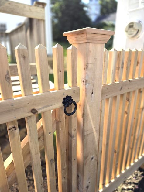 A New Picket Fence - One Hundred Dollars a Month 2x2 Picket Fence, Picket Driveway Gate, Front Yard Picket Fence, Picket Fence Ideas, Flower Gate, Picket Fence Gate, Homestead Tips, Wood Picket Fence, Gate Pull