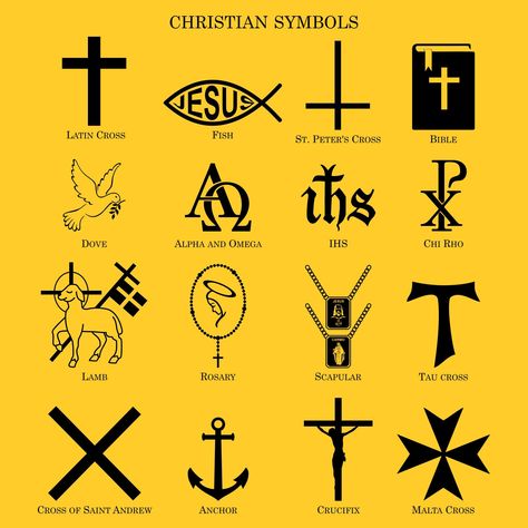 christian symbols -  christian symbols latin cross fish saint peter Bible dove alpha omega IHS Chi Rho lamb rosary scapular tau andrew anchor crucifix malta jesus God inverted biblical religion chain gold eternity history illustration vector graphic belief ancient mary carmo faith miracles catholic prayer medal gift salvation Saints Symbol Tattoo, Biblical Symbols, Catholic Tattoos, Catholic Symbols, Biblical Tattoos, Catholic Beliefs, Chi Rho, Faith Tattoo, Symbols And Meanings