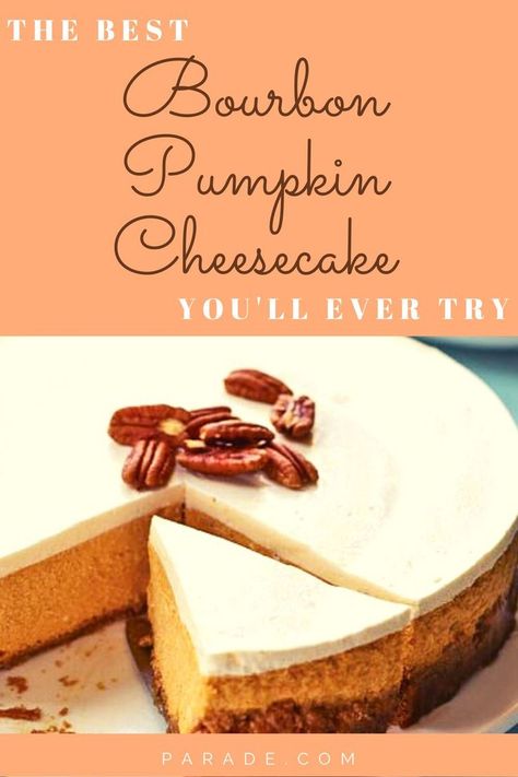 Pumpkin Cheesecake Topping Ideas, Bourbon Cheesecake Recipes, Bourbon Cheesecake, Fall Cheesecake, Sour Cream Topping, Vegan Comfort Food Recipes, Thanksgiving Cheesecake, Sour Cream Cheesecake, Bourbon Sour