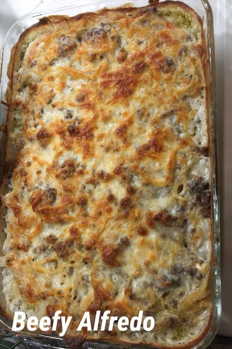 Beefy Alfredo Casserole Beef Alfredo Lasagna, Burger Alfredo Pasta, Hamburger Alfredo Recipes Ground Beef, Hamburger With Alfredo Sauce, Alfredo And Beef Recipe, Alfredo Sauce And Ground Beef Recipes, Hamburger Fettuccine Alfredo, Ground Beef Recipes Alfredo Sauce, Hamburger Meat And Alfredo Sauce Recipes