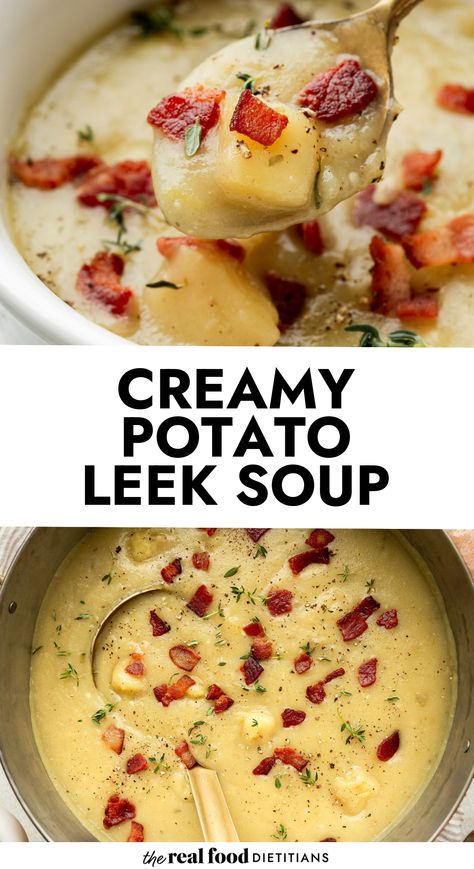 The savory flavors of pureed creamy potatoes, leeks, celery, bacon, herbs, and broth combine for an irresistible bowl of whole-food goodness. Our blender technique provides a creamy texture without the armwork of a potato masher or the heaviness of added cream. Make extra batches of this favorite soup, freeze it in an airtight container, and reheat it for an easy comfort food meal any night of the week. Instapot Potato Leek Soup, Bacon Potato Leek Soup, Cream Of Potato Leek Soup, Potato Leek Bacon Soup Recipe, Leek Potatoes Soup, Leaks And Potato Soup, Baked Potato And Leek Soup, Potato And Green Bean Soup, Potato Leek Bacon Soup