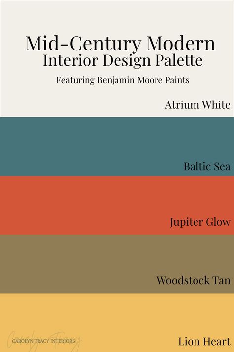 Carolyn Tracy Interiors has collected our favorite Benjamin Moore paints to create a mid-century modern interior design palette we know you'll love. If you're looking for more inspiration check out our blog post to see 6 other interior design palettes based on popular interior design styles. Mid Century Modern Exterior Paint Colors Benjamin Moore, Painting A Living Room Ideas, Vintage Interior Color Palette, Mid Century Style Interior, Mid Century Interior Paint Colors, Mcm Interior Paint Colors, Mid Century Website Design, Benjamin Moore Mid Century Modern Paint, Mid Century Colours