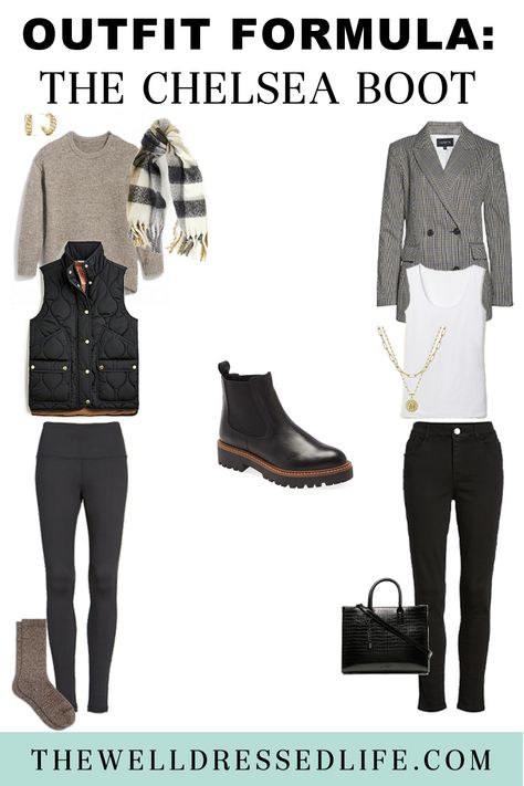 Chelsea Boot Work Outfit Women, Chelsea Sweater Blazer Outfit, Leather Leggings With Chelsea Boots, Black Chelsea Boots With Dress, Chelsea Rainboot Outfits, Blazer And Chelsea Boots Outfit, Chelsea Boots Outfit Office, Chelsea Boots Outfit Women Over 50, Black Chealse Boots Women Outfit